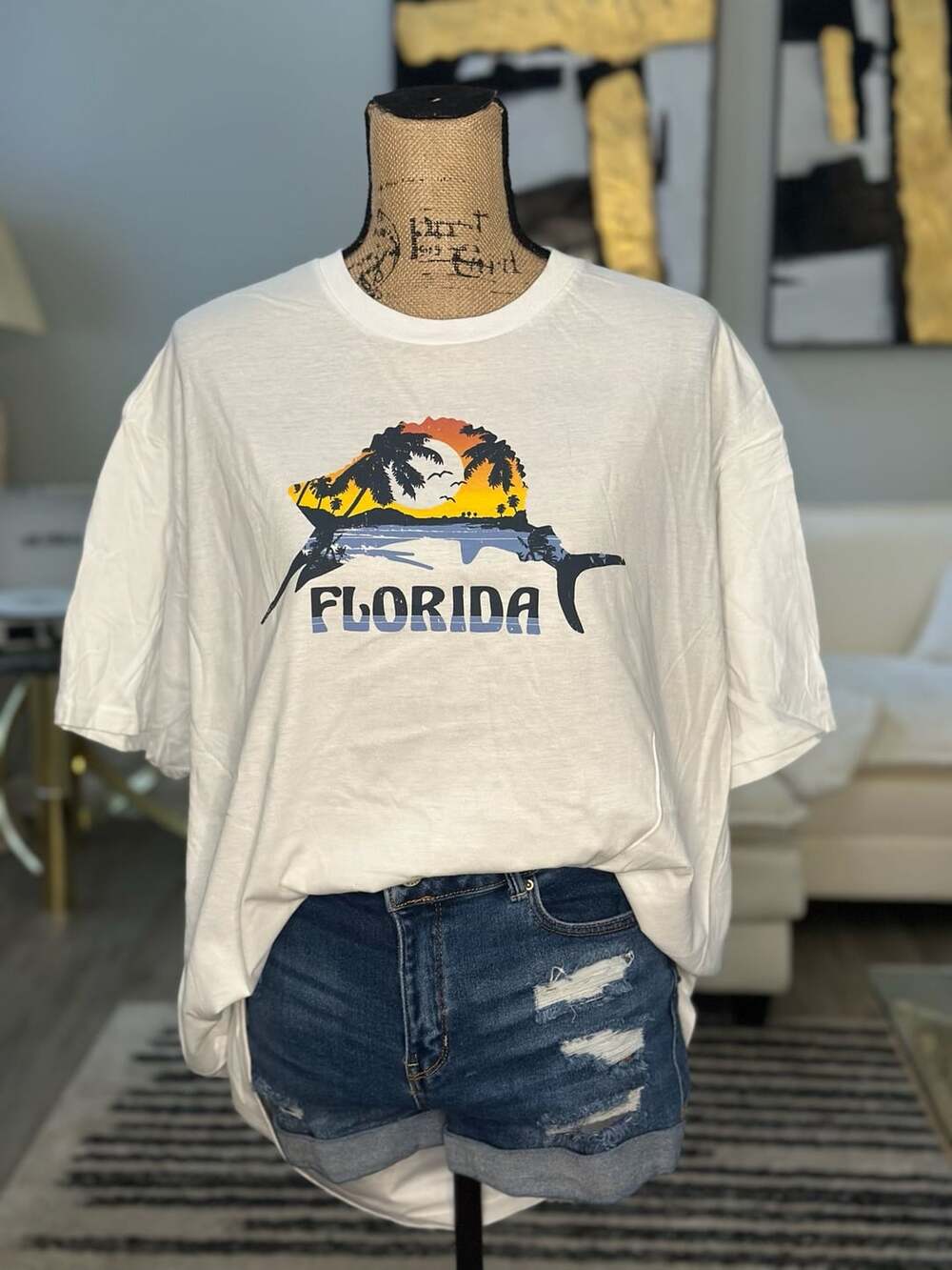 Florida Palm Tree Sunset Sailfish T-Shirt XX-Large White Cotton Graphic Tee